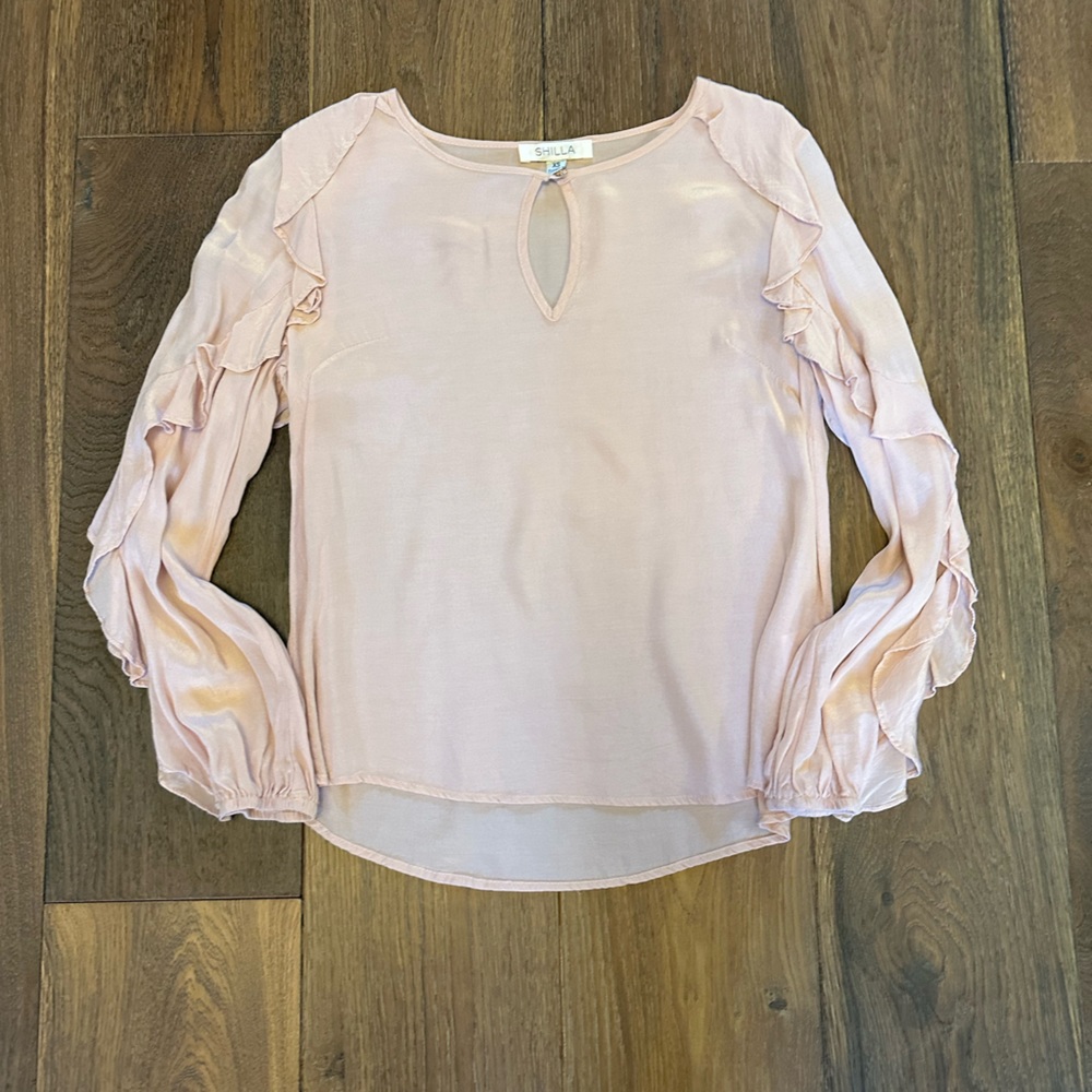 EUC Shilla Cascade Ruffle Blouse Top XS Keyhole Neck Long Sleeve Light Pink